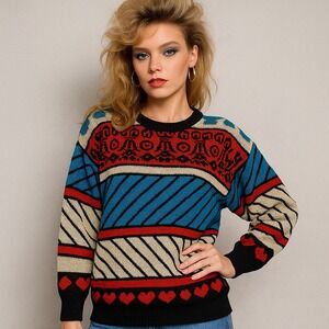 Vintage Sarah Taylor Metallic Knit Sweater Womens M‎ Bold Geo Hearts Stripes 80s